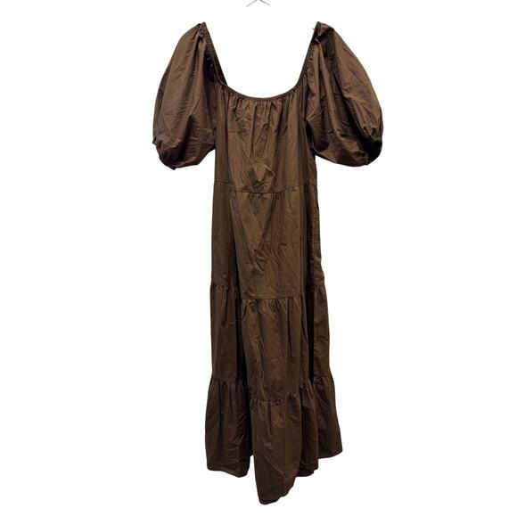 Faithfull the Brand Puff Sleeve Off Shoulder Maxi Tiered Dress Brown Sz 8 - Picture 2 of 9